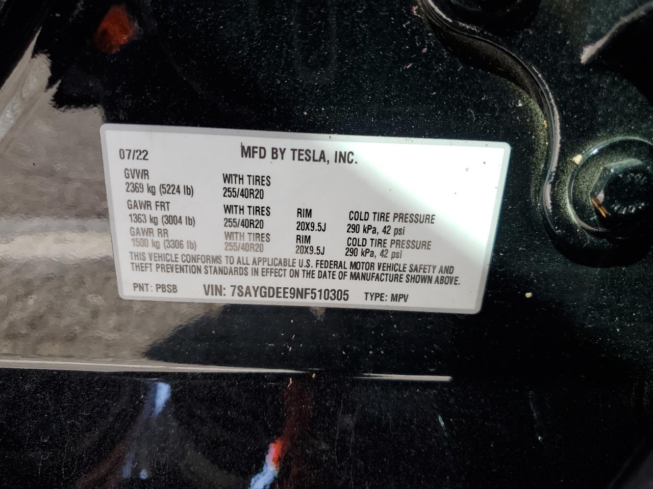 2022 TESLA MODEL Y VIN:7SAYGDEE9NF510305