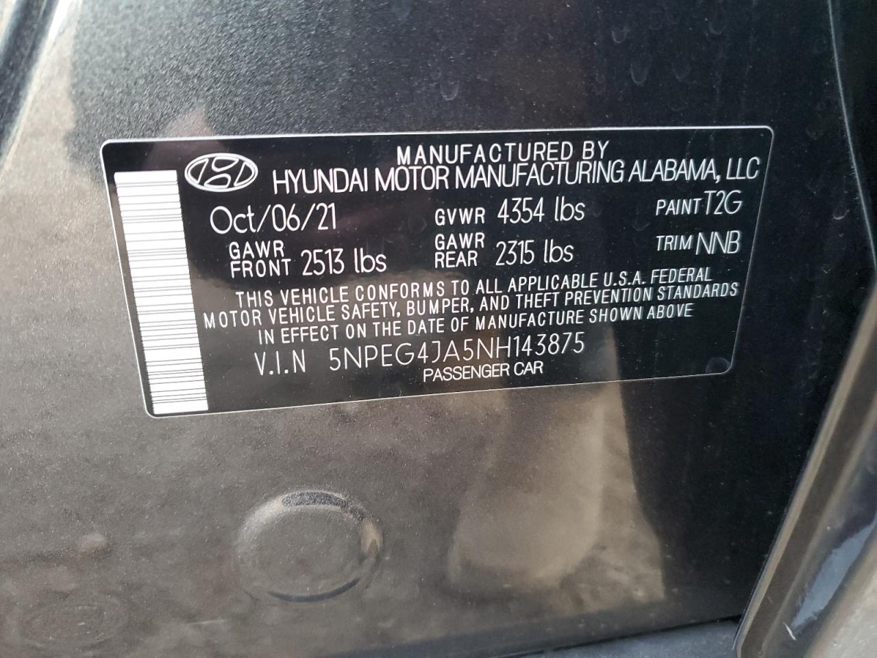 2022 HYUNDAI SONATA SE VIN:5NPEG4JA5NH143875