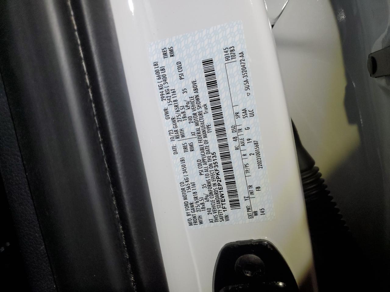2023 FORD F150 SUPERCREW VIN:1FTEW1EP2PKF35135