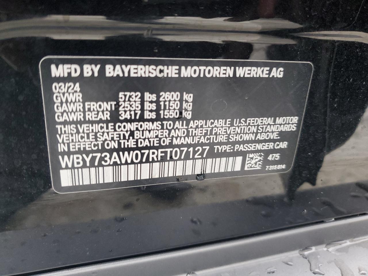 2024 BMW I4 EDRIVE 40 VIN:WBY73AW07RFT07127