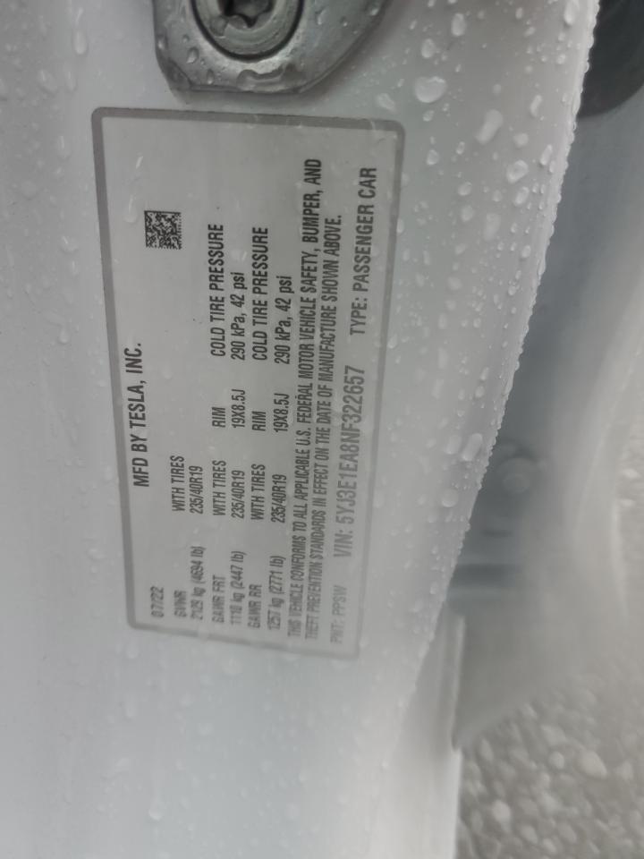 2022 TESLA MODEL 3 VIN:5YJ3E1EA8NF322657