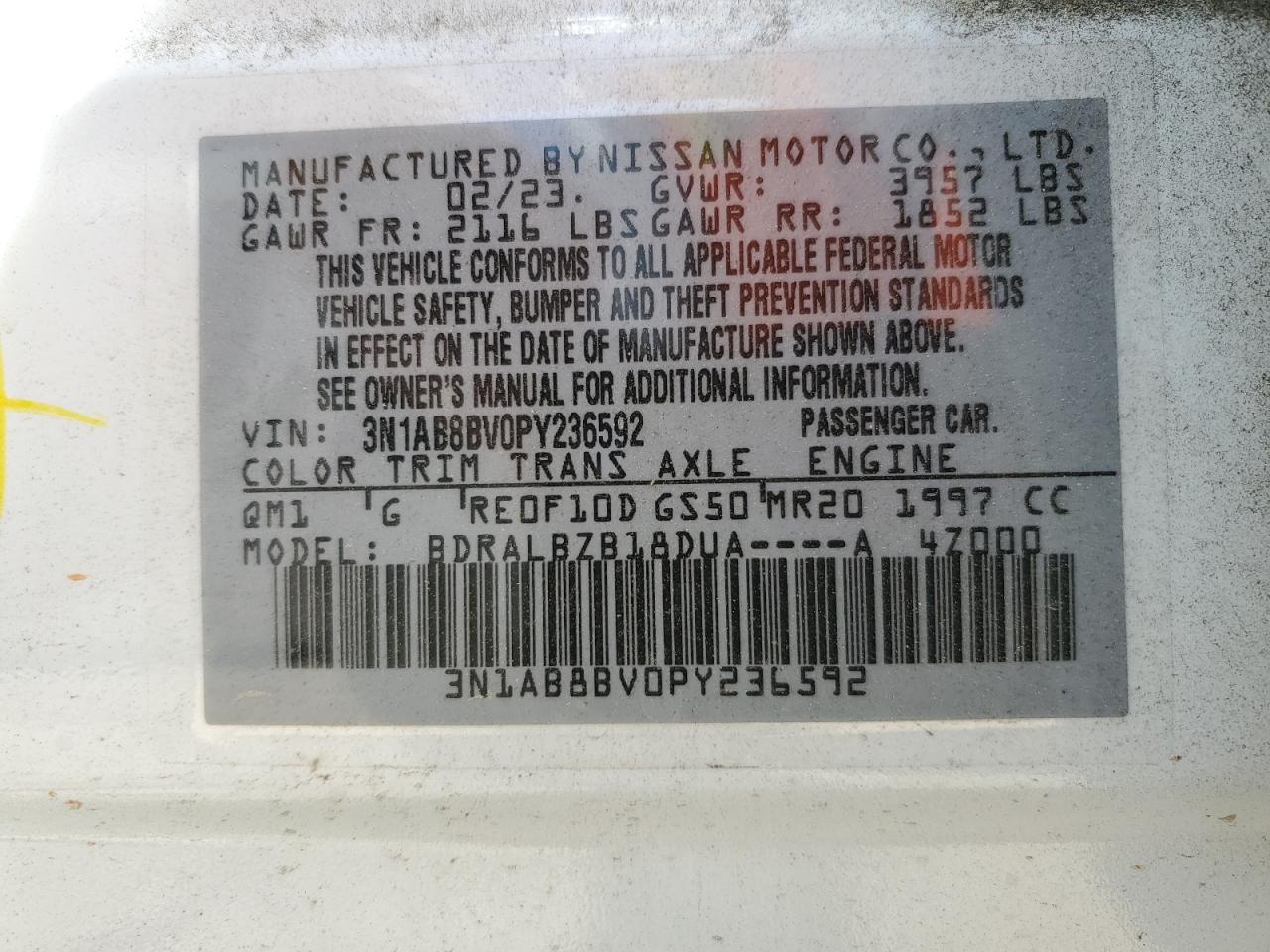 2023 NISSAN SENTRA S VIN:3N1AB8BV0PY236592