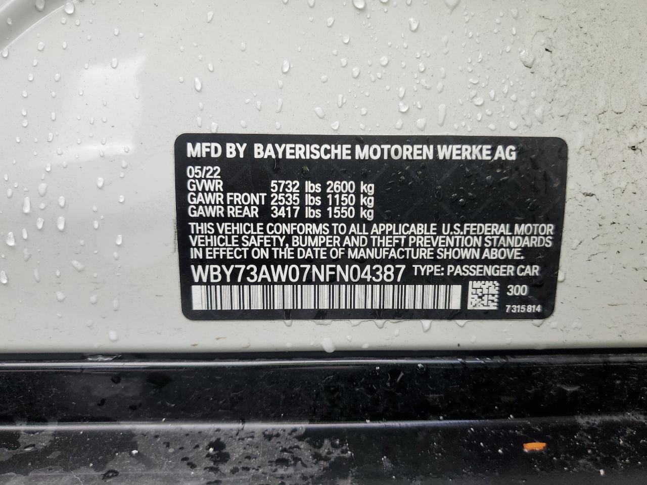 2022 BMW I4 EDRIVE40 VIN:WBY73AW07NFN04387