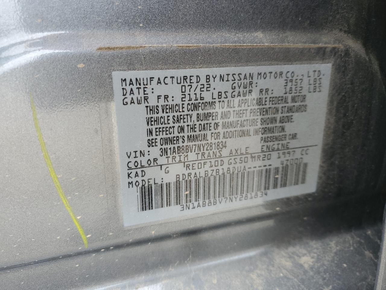 2022 NISSAN SENTRA S VIN:3N1AB8BV7NY281834