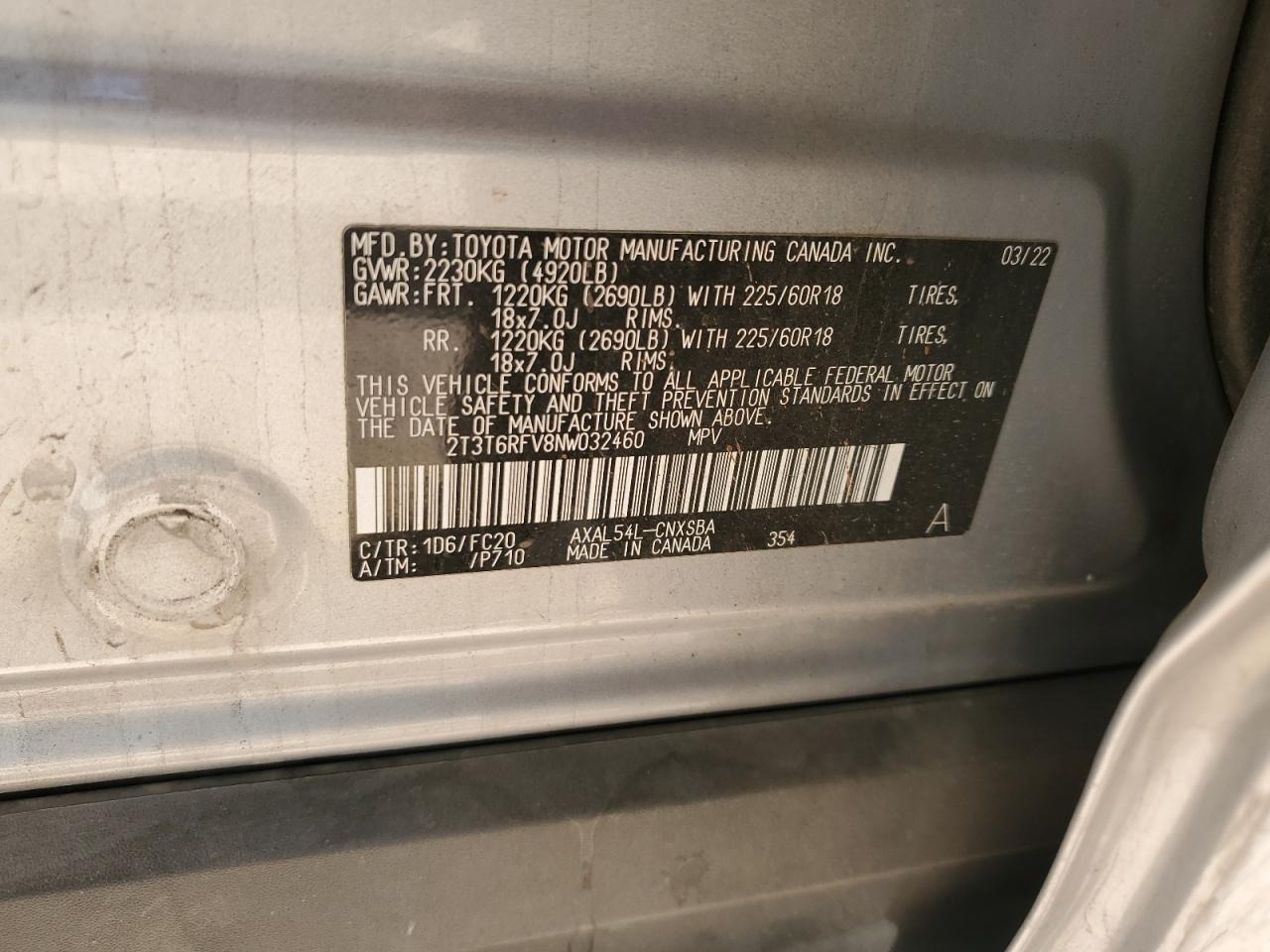 2022 TOYOTA RAV4 SE VIN:2T3T6RFV8NW032460