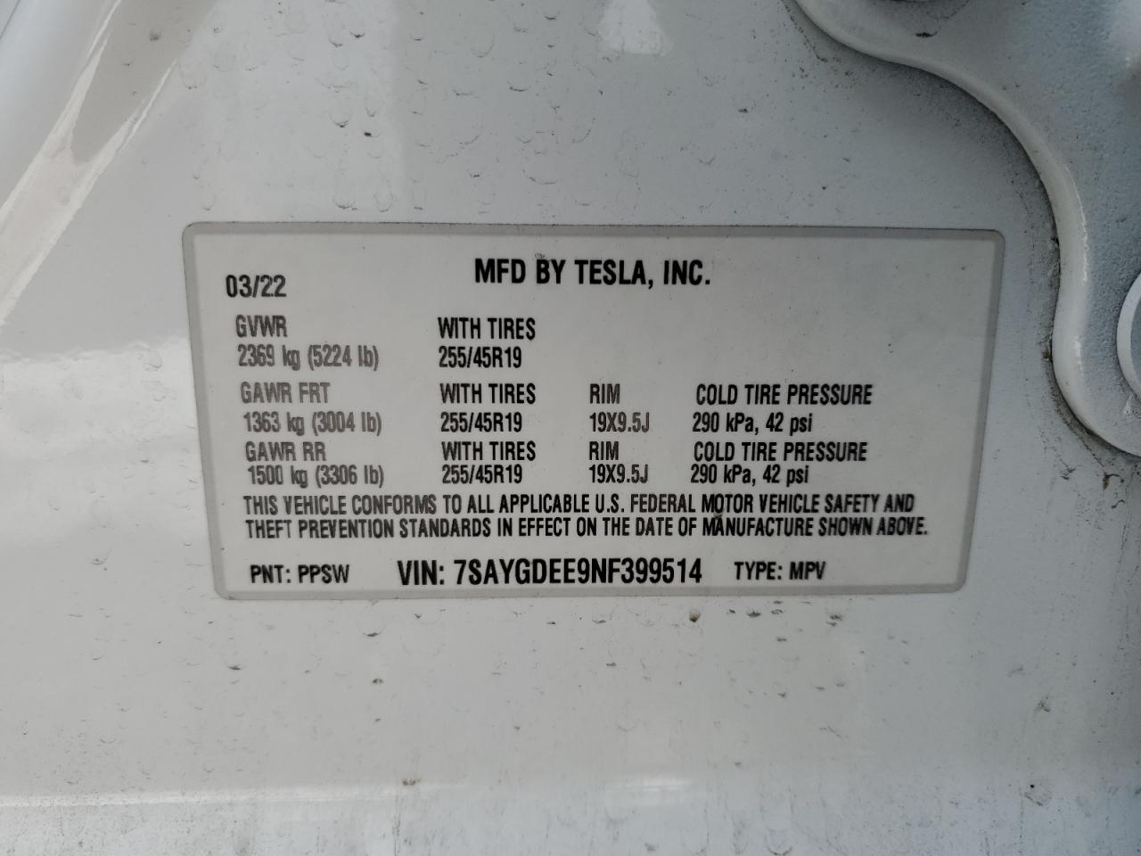 2022 TESLA MODEL Y VIN:7SAYGDEE9NF399514