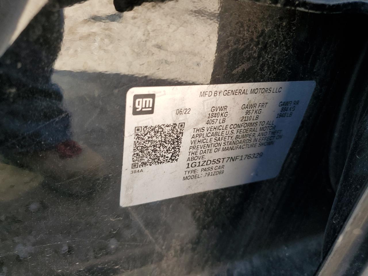 2022 CHEVROLET MALIBU LT VIN:1G1ZD5ST7NF176329