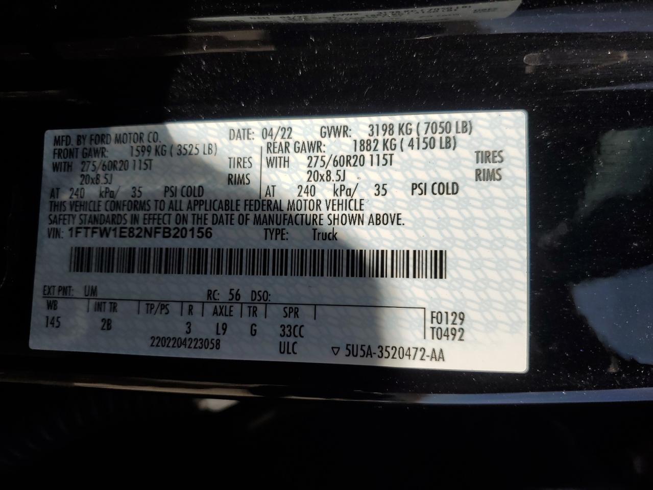 2022 FORD F150 SUPERCREW VIN:1FTFW1E82NFB20156