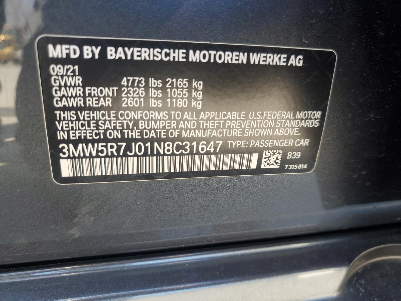 2022 BMW 330XI VIN:3MW5R7J01N8C31647