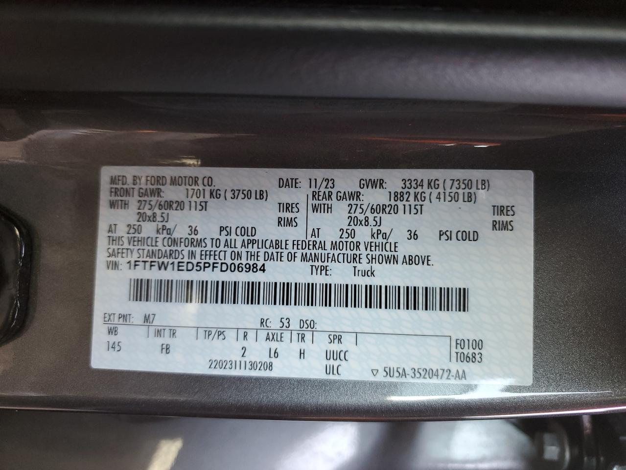 2023 FORD F150 SUPERCREW VIN:1FTFW1ED5PFD06984
