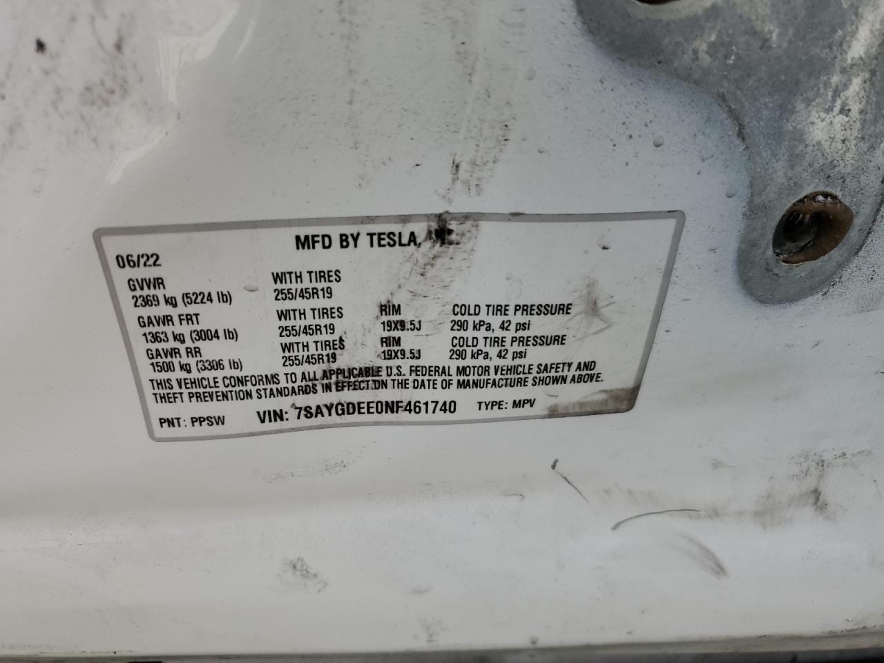 2022 TESLA MODEL Y VIN:7SAYGDEE0NF461740