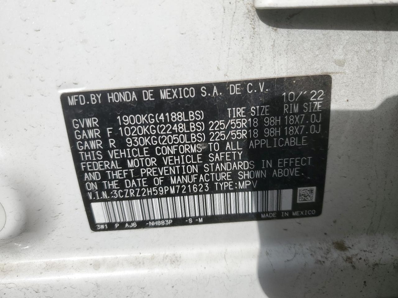 2023 HONDA HR-V SPORT VIN:3CZRZ2H59PM721623