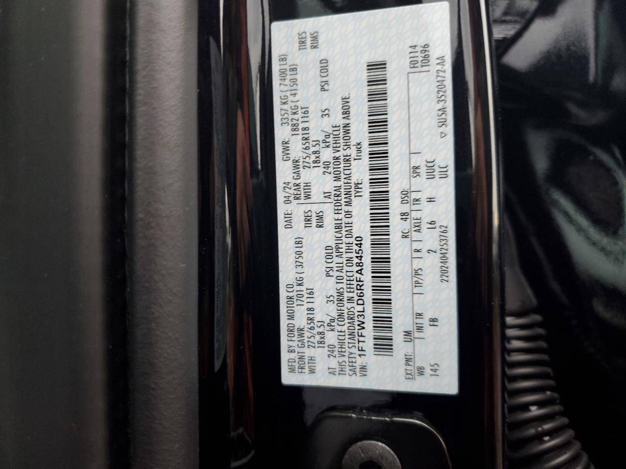 2024 FORD F150 XLT VIN:1FTFW3LD6RFA84540