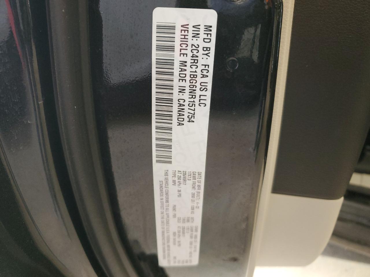 2022 CHRYSLER PACIFICA TOURING L VIN:2C4RC1BG6NR157754