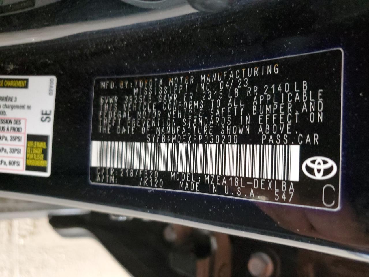 2023 TOYOTA COROLLA LE VIN:5YFB4MDEXPP030200