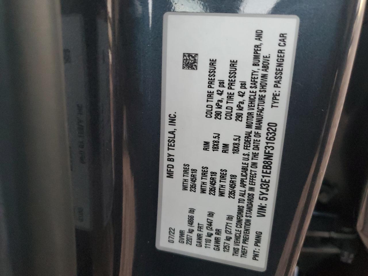 2022 TESLA MODEL 3 VIN:5YJ3E1EB8NF316320