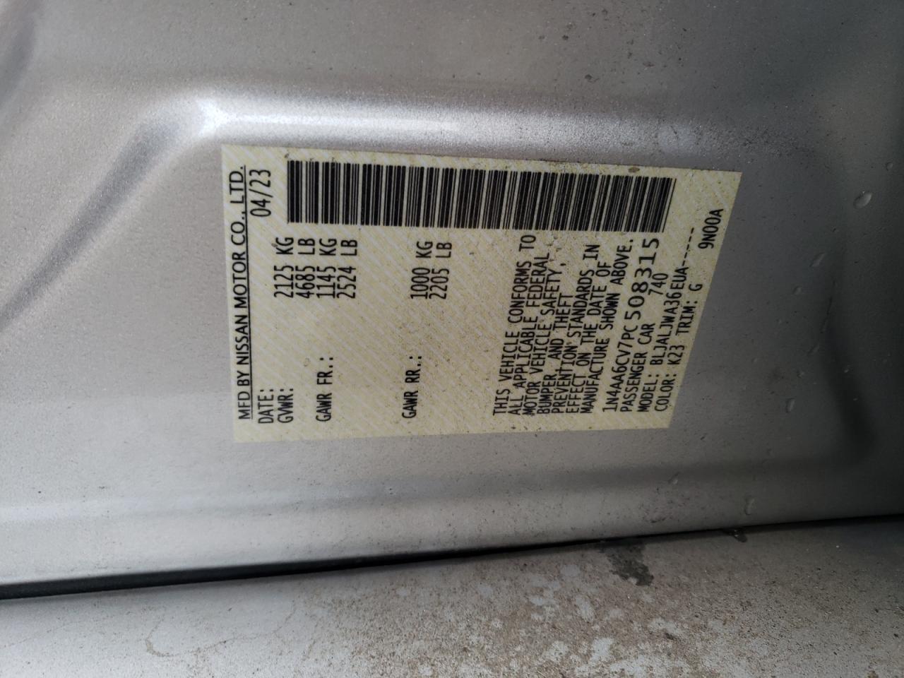 2023 NISSAN MAXIMA SV VIN:1N4AA6CV7PC508315