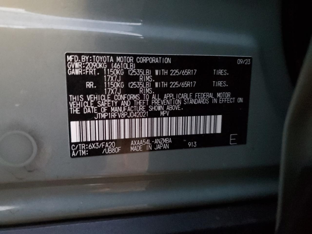 2023 TOYOTA RAV4 XLE VIN:JTMP1RFV8PJ042021