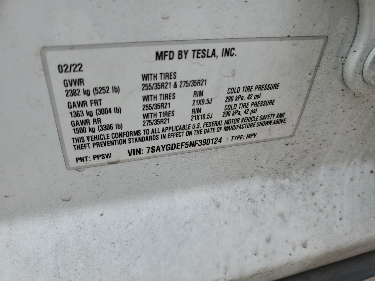 2022 TESLA MODEL Y VIN:7SAYGDEF5NF390124