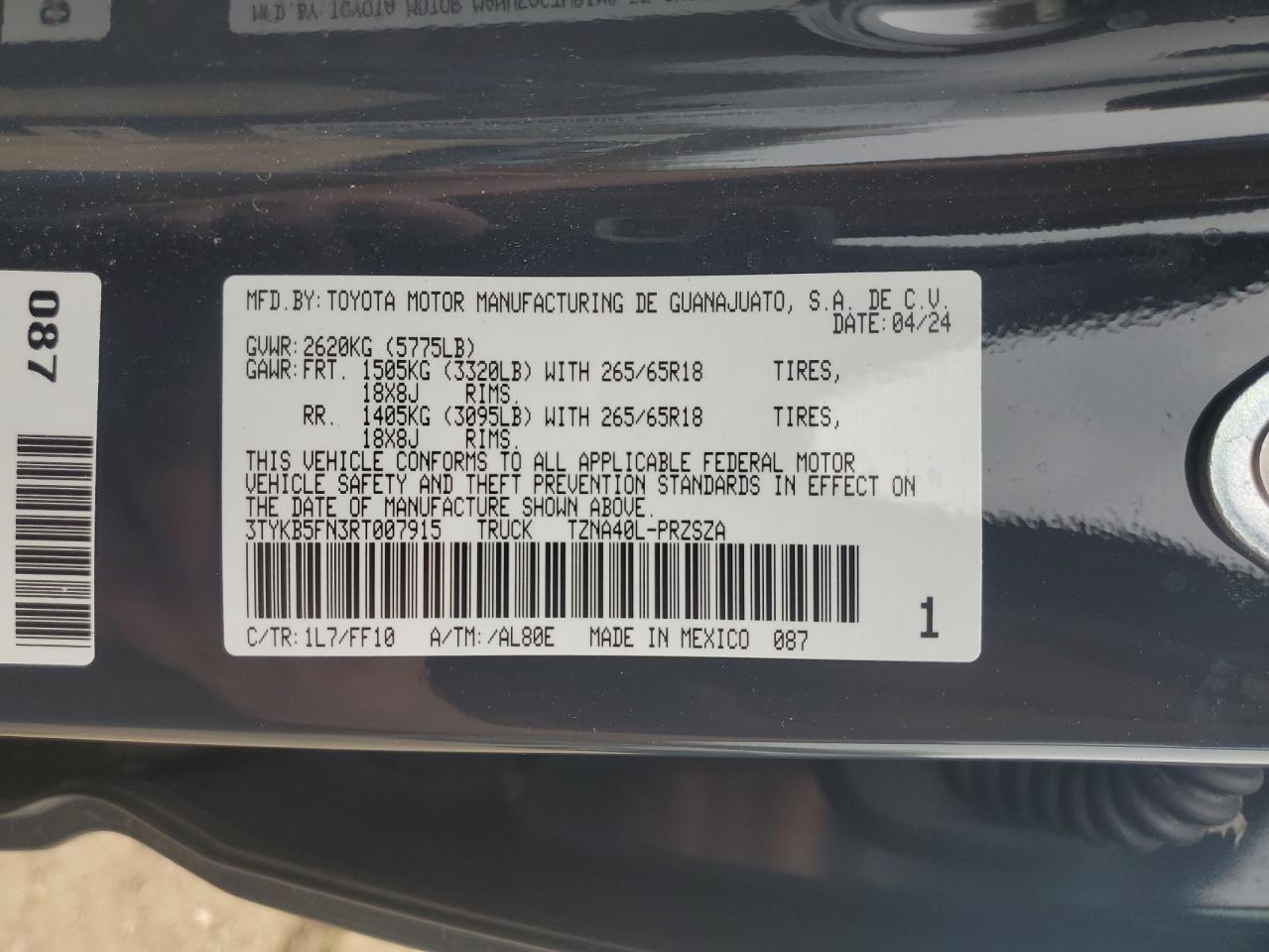 2024 TOYOTA TACOMA DOUBLE CAB VIN:3TYKB5FN3RT007915