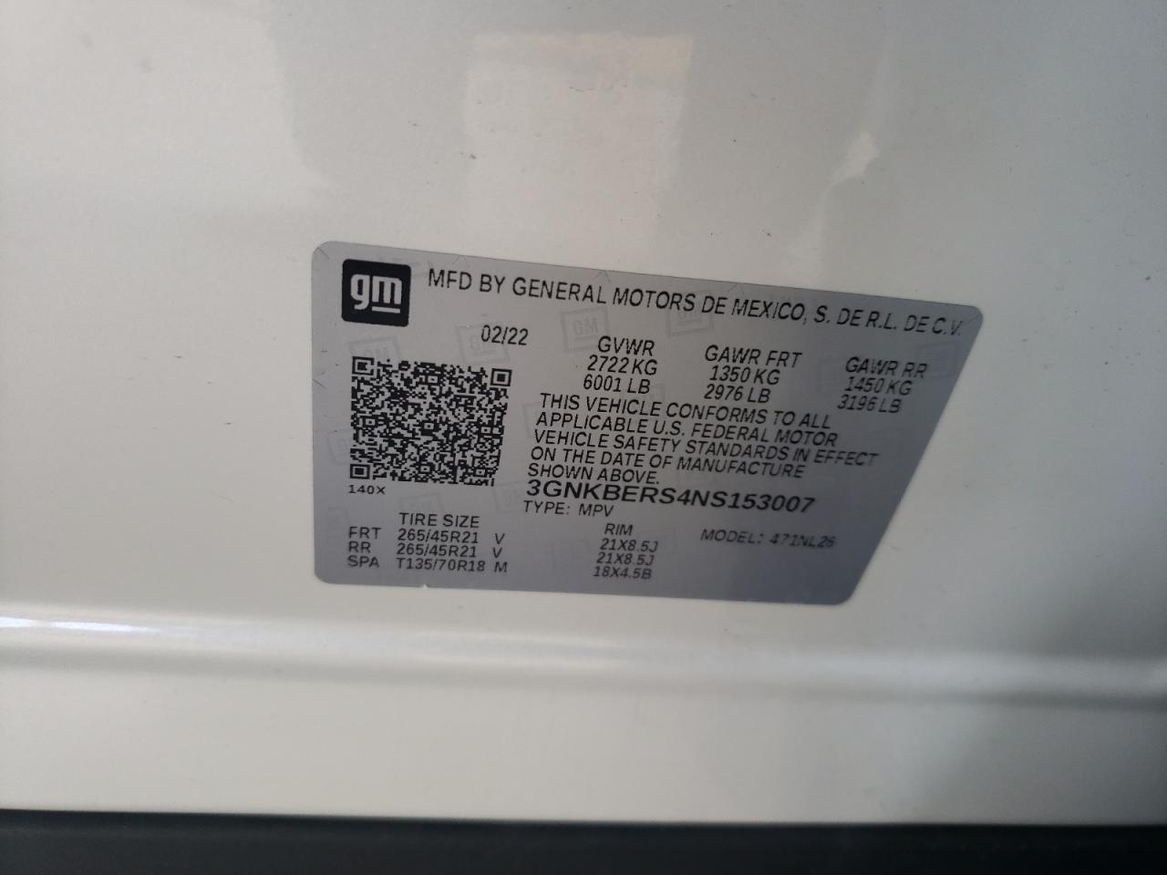 2022 CHEVROLET BLAZER RS VIN:3GNKBERS4NS153007