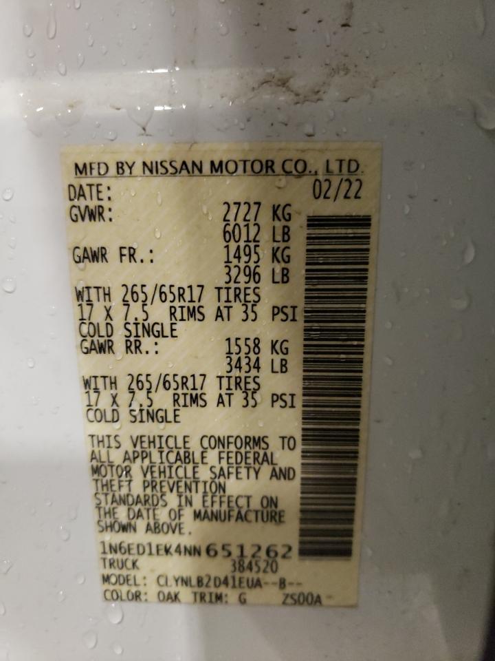 2022 NISSAN FRONTIER S VIN:1N6ED1EK4NN651262