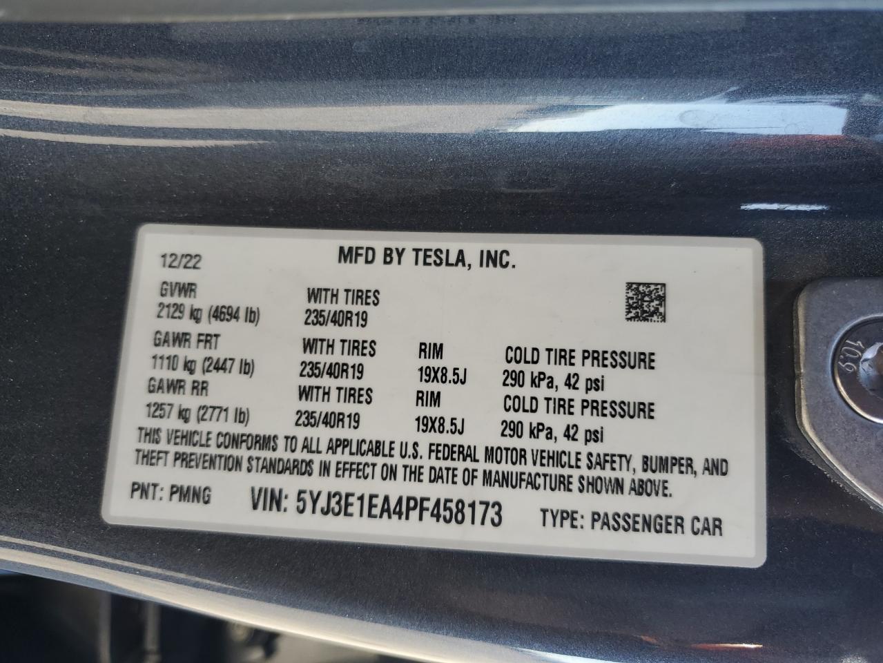 2023 TESLA MODEL 3 VIN:5YJ3E1EA4PF458173