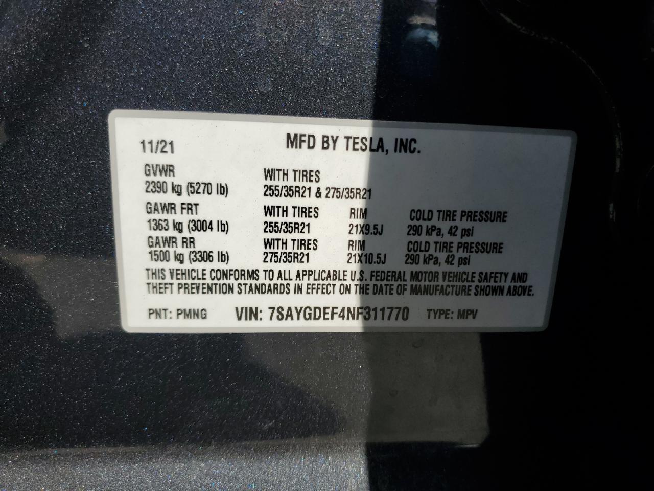 2022 TESLA MODEL Y VIN:7SAYGDEF4NF311770