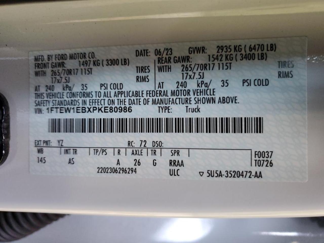 2023 FORD F150 SUPERCREW VIN:1FTEW1EBXPKE80986