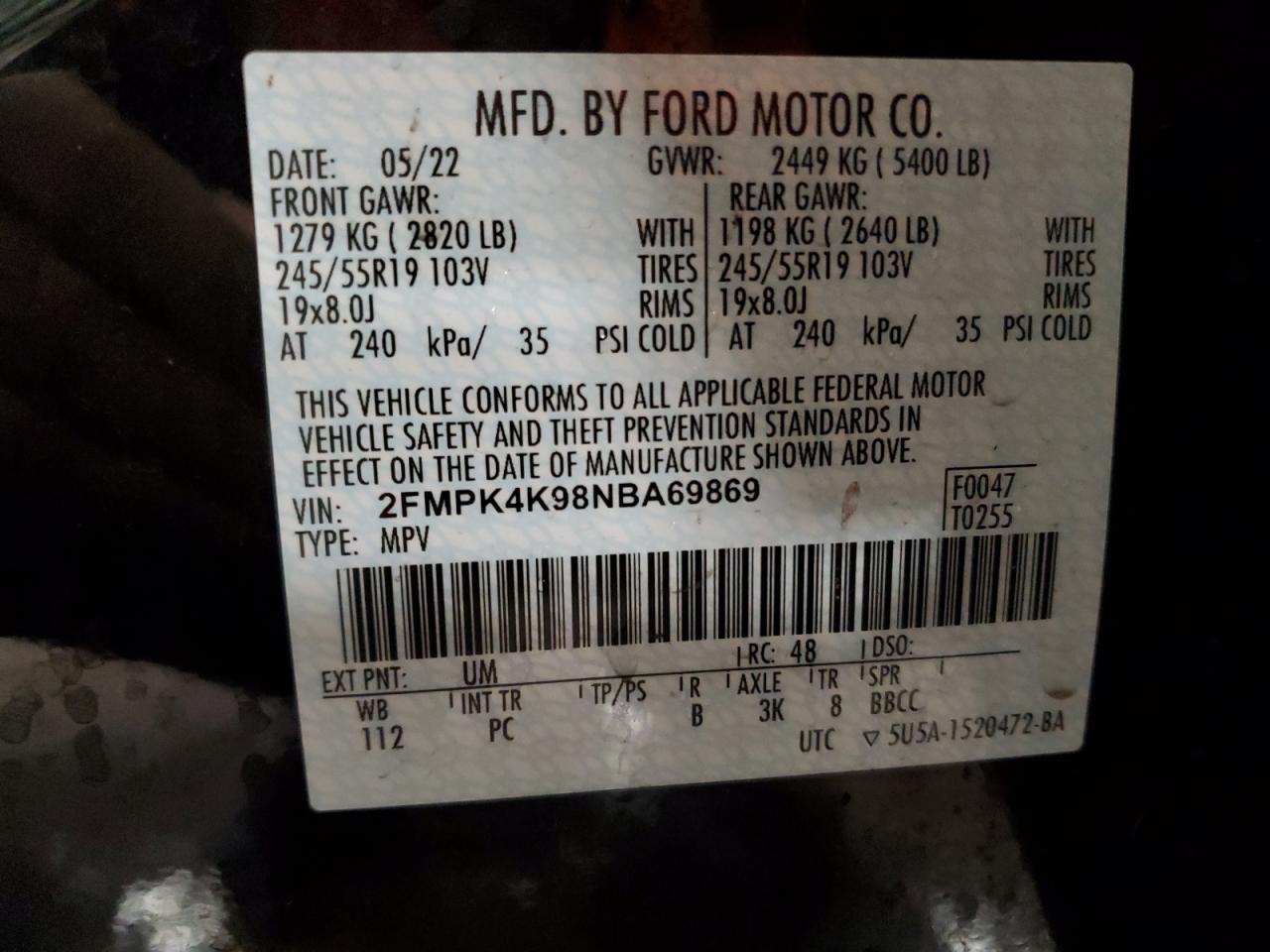 2022 FORD EDGE TITANIUM VIN:2FMPK4K98NBA69869