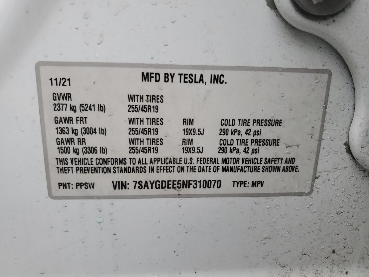 2022 TESLA MODEL Y VIN:7SAYGDEE5NF310070