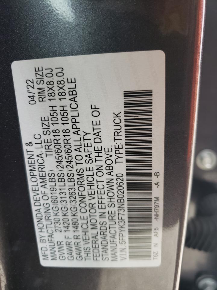 2022 HONDA RIDGELINE RTL VIN:5FPYK3F73NB020620