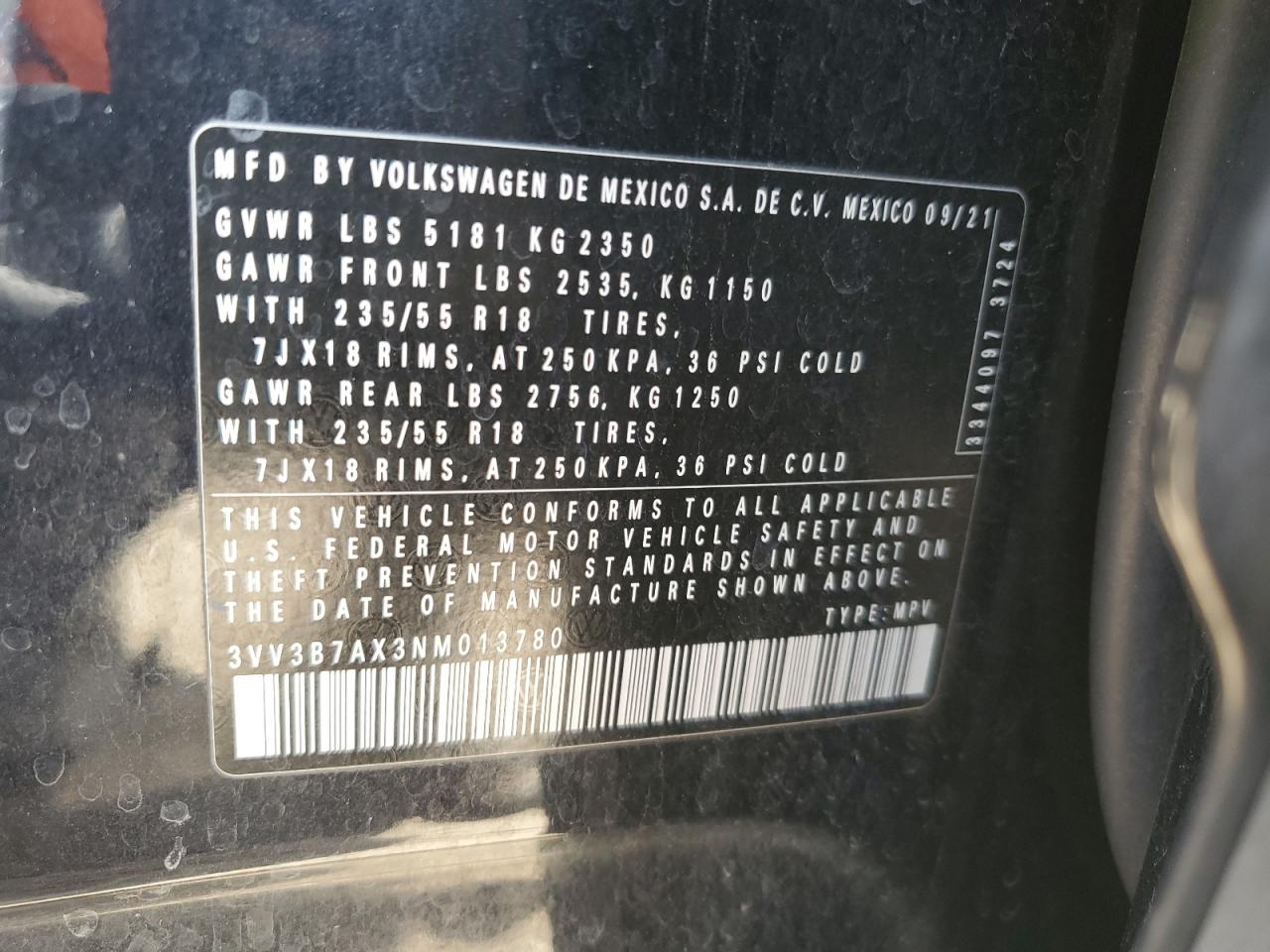 2022 VOLKSWAGEN TIGUAN SE VIN:3VV3B7AX3NM013780