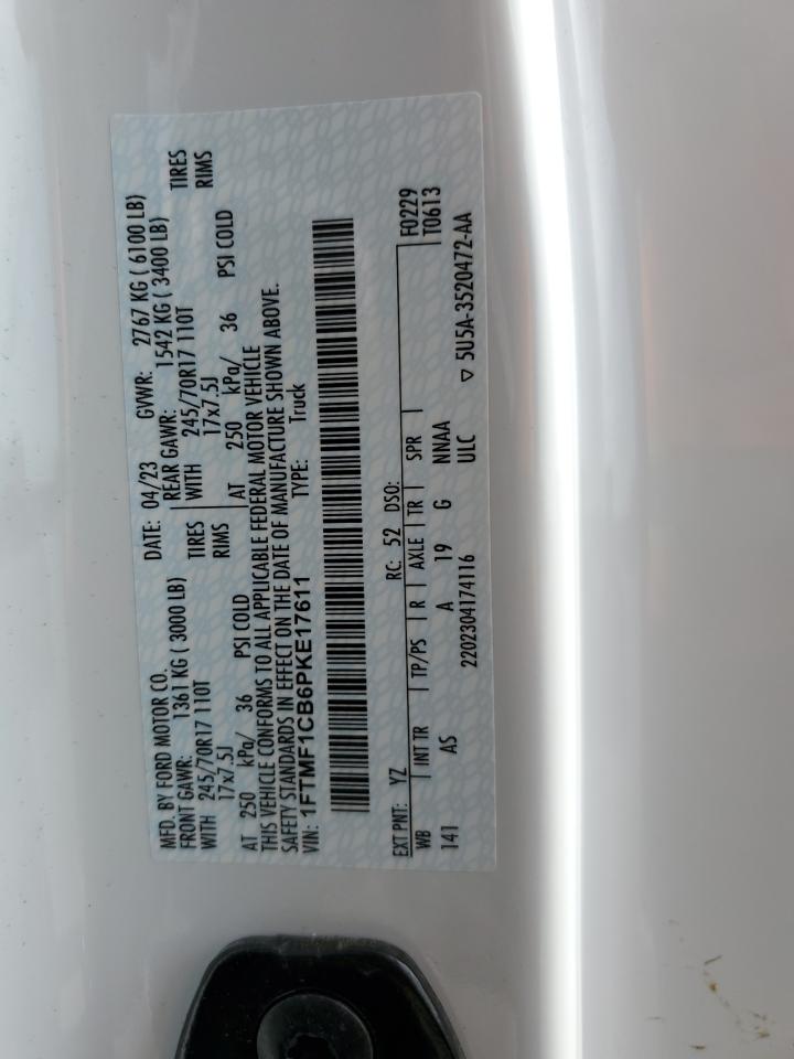 2023 FORD F150 VIN:1FTMF1CB6PKE17611