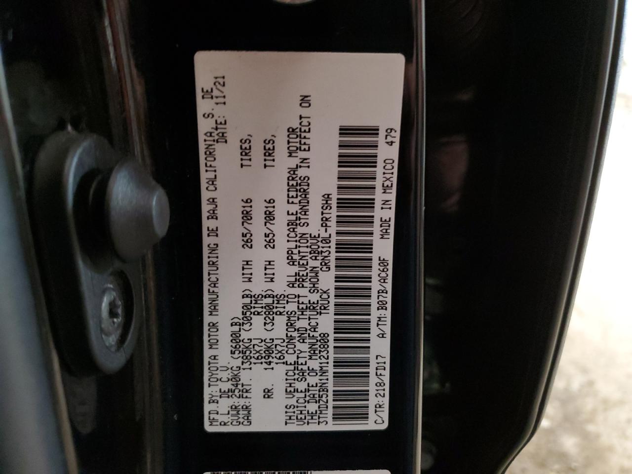 2022 TOYOTA TACOMA DOUBLE CAB VIN:3TMDZ5BN1NM123808