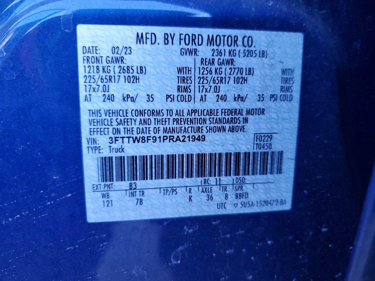 2023 FORD MAVERICK XL VIN:3FTTW8F91PRA21949