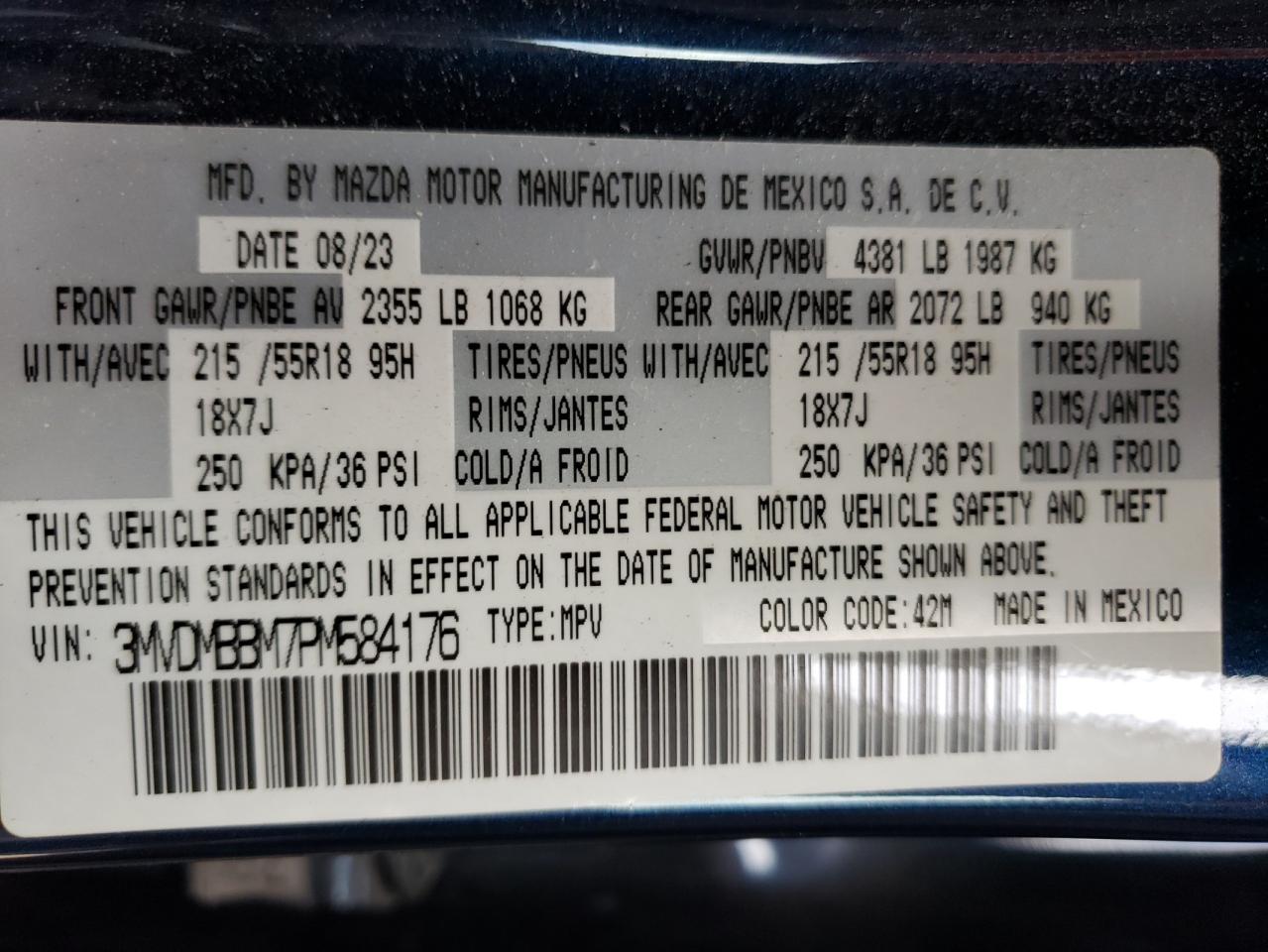 2023 MAZDA CX-30 SELECT VIN:3MVDMBBM7PM584176