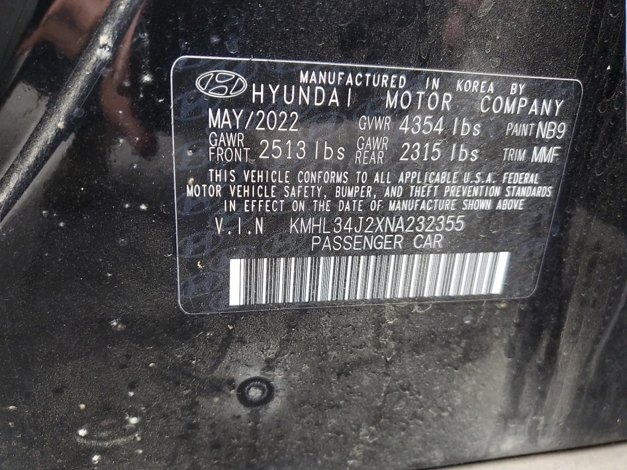2022 HYUNDAI SONATA LIMITED VIN:KMHL34J2XNA232355