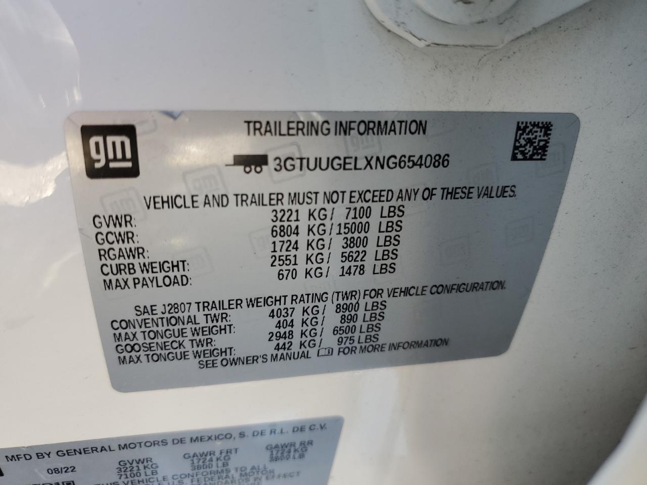 2022 GMC SIERRA K1500 DENALI VIN:3GTUUGELXNG654086