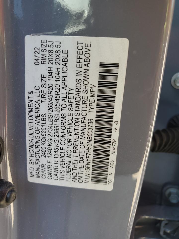 2022 HONDA PASSPORT EXL VIN:5FNYF7H53NB003736