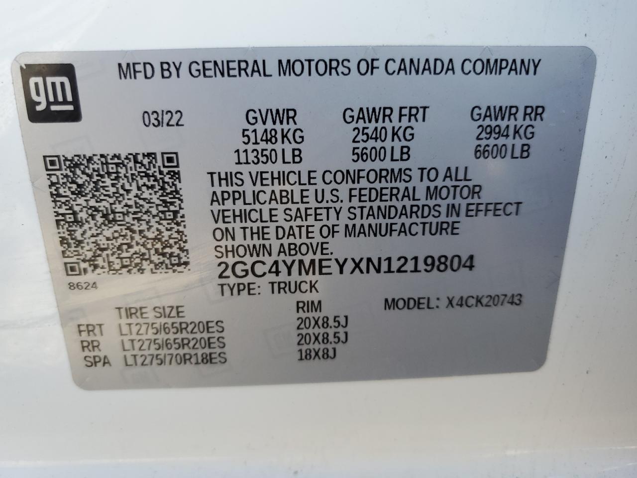 2022 CHEVROLET SILVERADO K2500 CUSTOM VIN:2GC4YMEYXN1219804