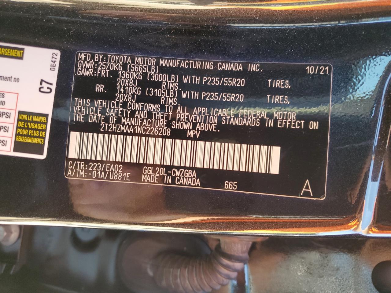 2022 LEXUS RX 350 VIN:2T2HZMAA1NC226208