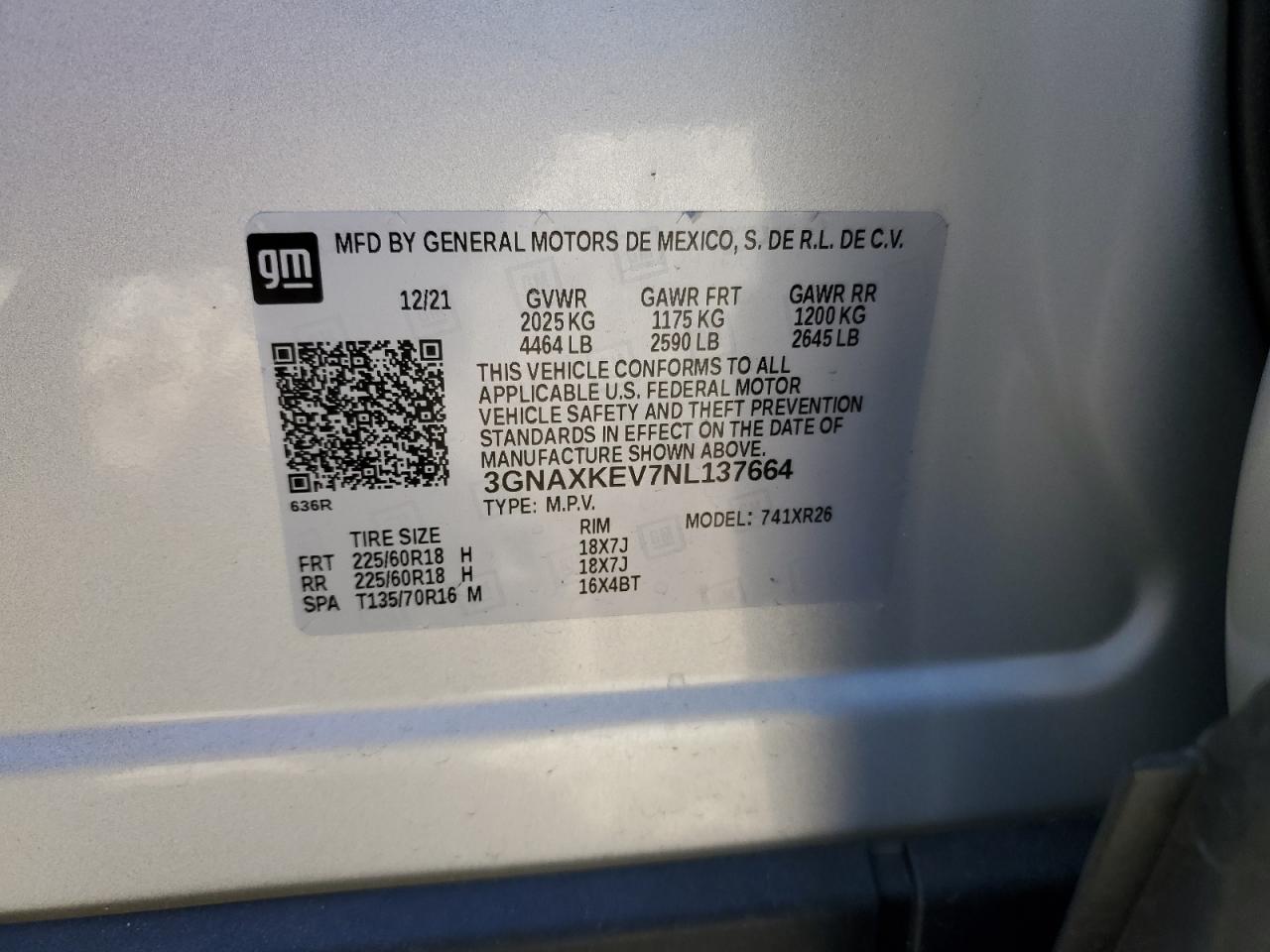 2022 CHEVROLET EQUINOX LT VIN:3GNAXKEV7NL137664