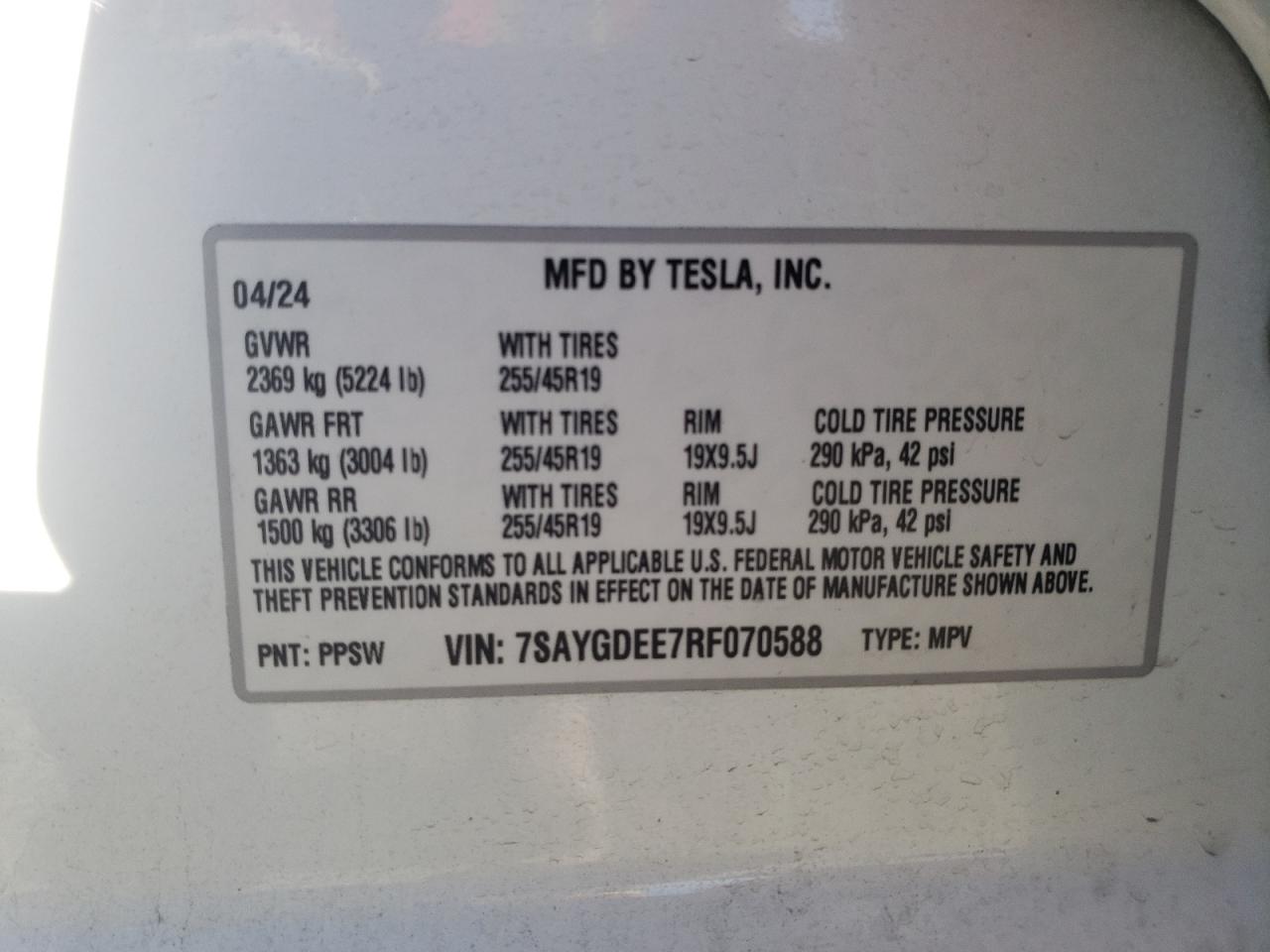 2024 TESLA MODEL Y VIN:WDDGF54X99R076316
