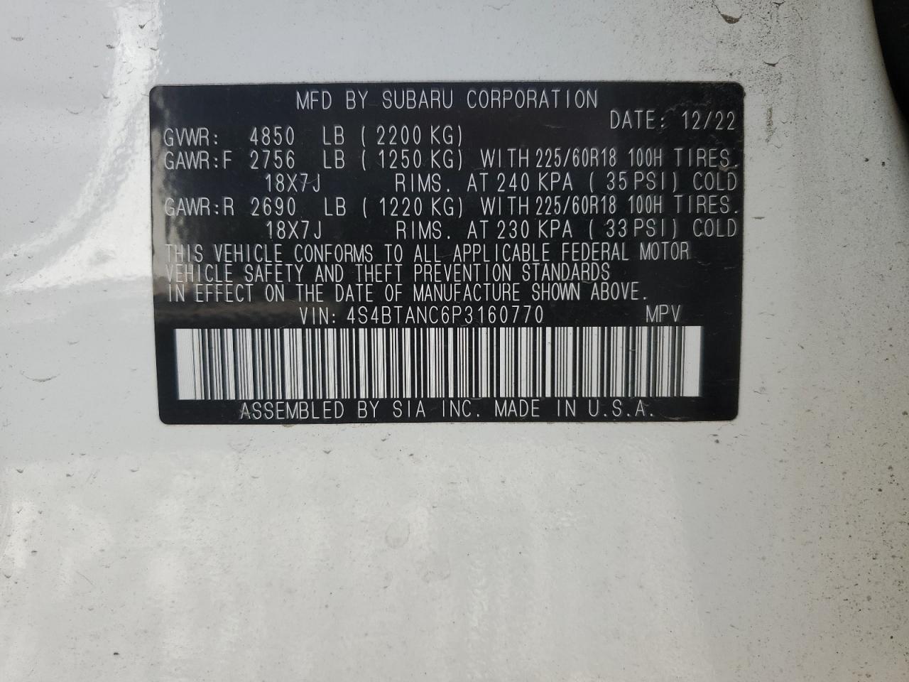 2023 SUBARU OUTBACK LIMITED VIN:4S4BTANC6P3160770