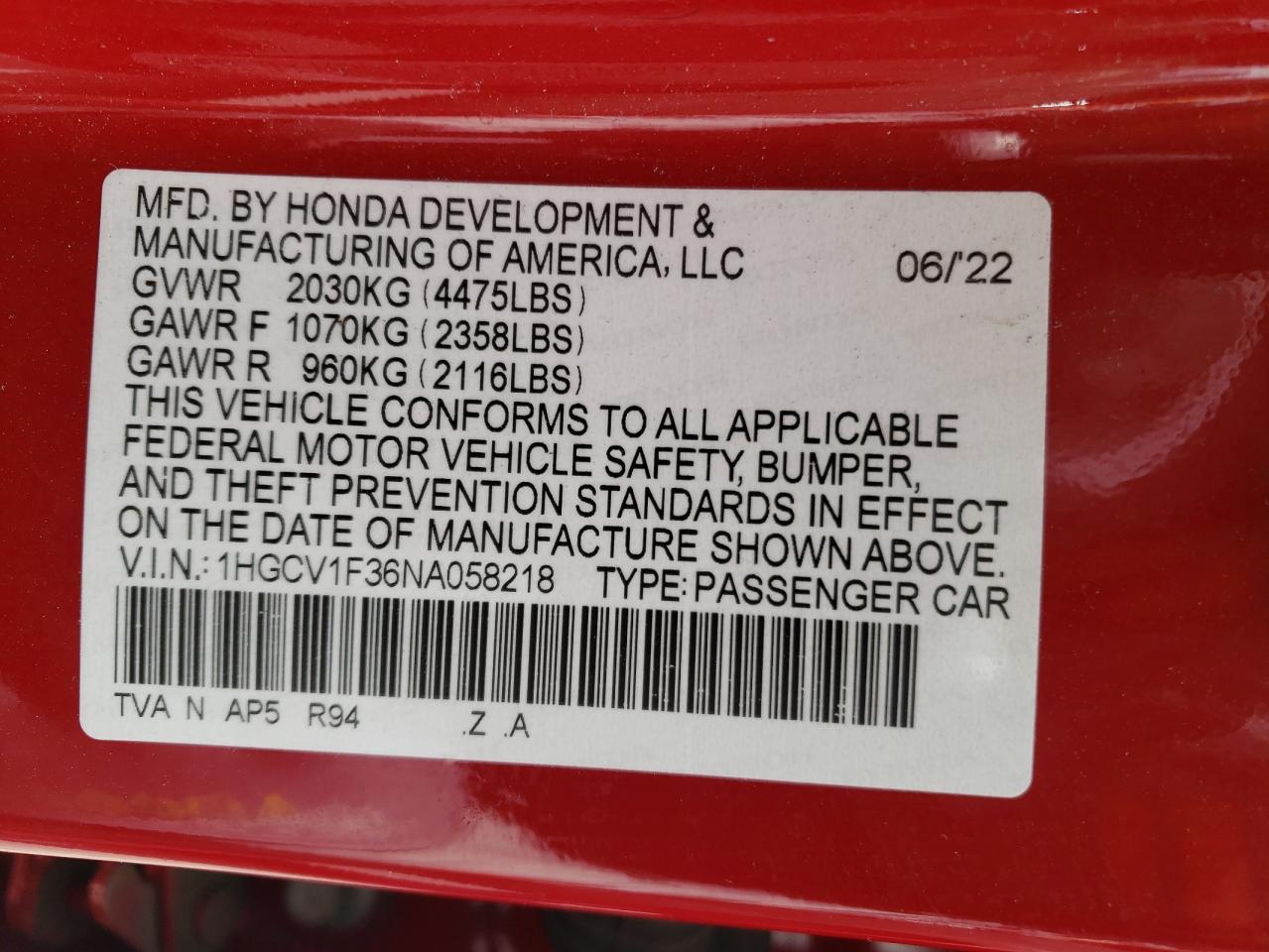 2022 HONDA ACCORD SPORT VIN:1HGCV1F36NA058218