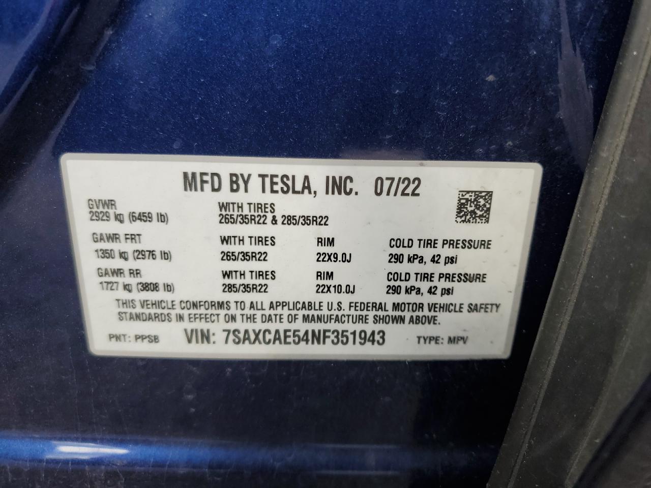 2022 TESLA MODEL X VIN:7SAXCAE54NF351943