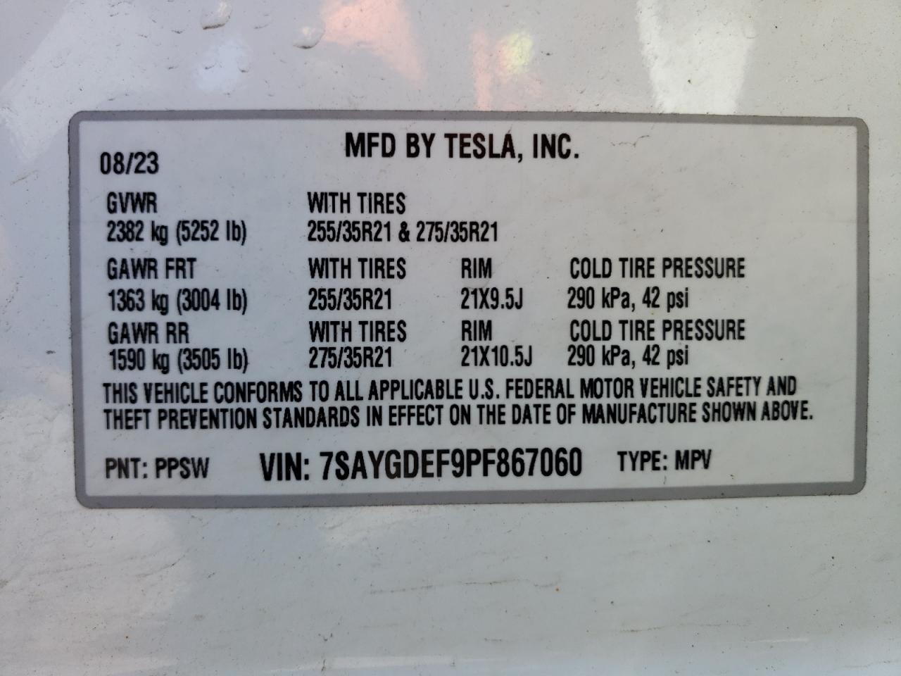2023 TESLA MODEL Y VIN:7SAYGDEF9PF867060