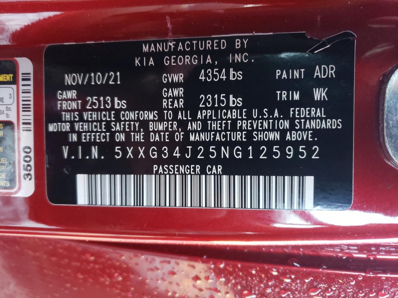 2022 KIA K5 EX VIN:5XXG34J25NG125952