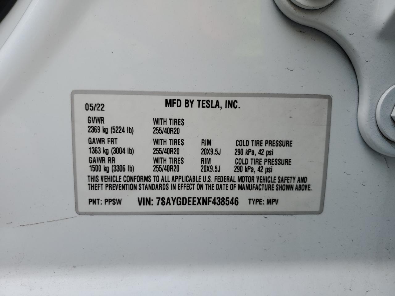 2022 TESLA MODEL Y VIN:7SAYGDEEXNF438546